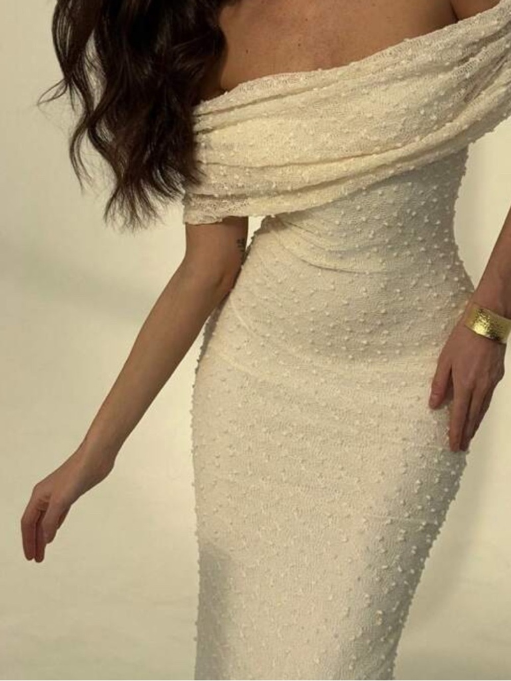 Off-Shoulder Ivory Textured Midi Dress